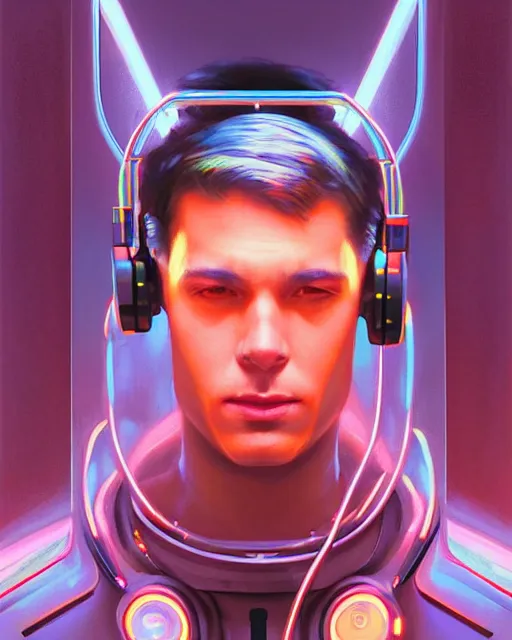 Image similar to future coder man looking on, sleek cyclops display over eyes and sleek bright headphoneset, neon accent lights, holographic colors, desaturated headshot portrait digital painting by donoto giancola, dean cornwall, rhads, john berkey, tom whalen, alex grey, alphonse mucha, astronaut cyberpunk electric