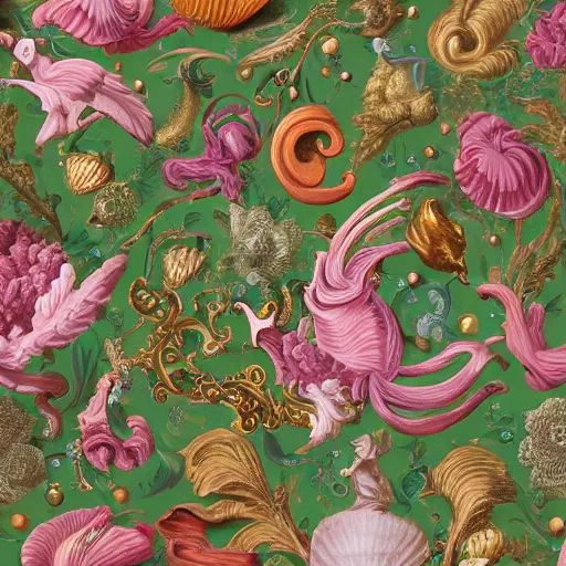 Prompt: rococo liberty maximalist elaborate photorealistic shells. childrenbook scientific illustration in vibrant natural tones. hd