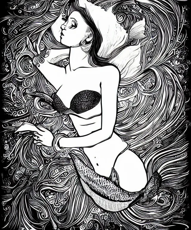 Prompt: black and white illustration, creative design, beautiful mermaid, full body, bikini top fish tail