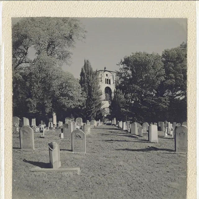 Prompt: graveyard with a monastery, polaroid