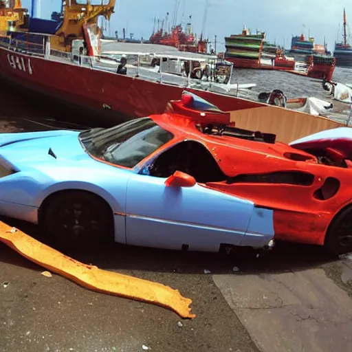 Image similar to professional high quality wide - angle image of a colorful sports car from the year 2 0 7 7 that is badly damaged and crashed halfway into the water at a stevedoring port. ( 2 0 7 7 kodachrome panavision ). the weather is sunny but with a small rain cloud. imax 7 0 mm, wide - angle.