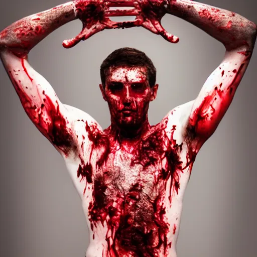 Prompt: ultra detailed photo of a man with many bloody arms covering his entire body