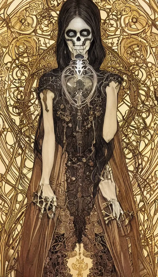 Image similar to a skeleton in a black cloak, highly detailed, very intricate, art nouveau, gold filigree, left right symmetry, tarot concept art watercolor illustration by mandy jurgens and alphonse mucha and alena aenami, featured on artstation