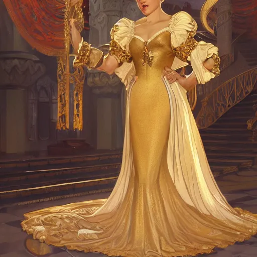 Prompt: kneeling before a condescending queen, royal gown, golden detailing, medium shot, intricate, elegant, highly detailed, digital painting, volumetric light, artstation, concept art, smooth, sharp focus, illustration, art by Gil Elvgren and Greg Rutkowski and Alphonse Mucha, 8K