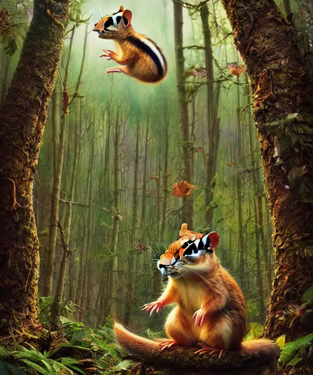 Image similar to a single realistic chipmunk, sitting in a psychedelic forest, wide angle landscape shot, pixar style by tristan eaton, artgerm and tom bagshaw
