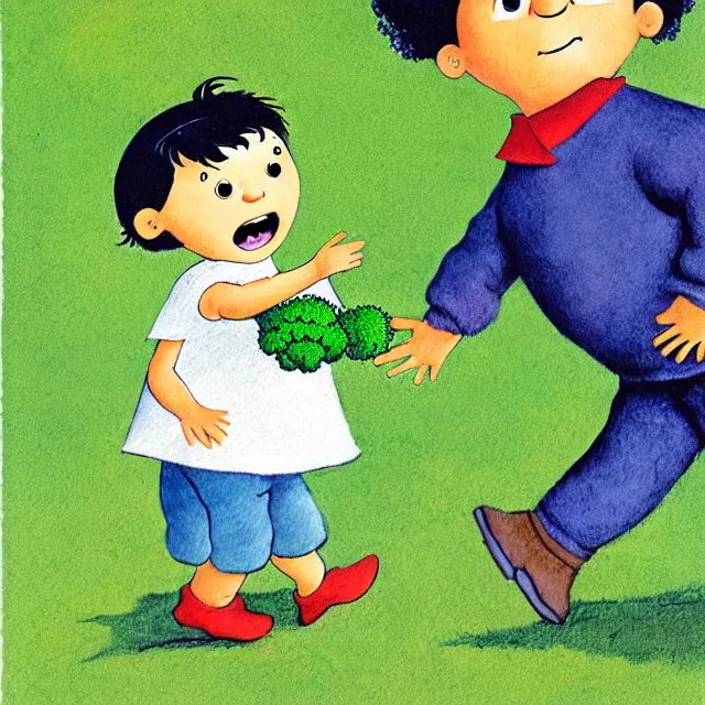 Prompt: professional kids book illustration of a Spanish !toddler! boy walking with a friendly anthropomorphic broccoli, best on artstation,, astonishing, impressive, outstanding, cheerful, stunning, masterpiece by Maurice Sendak, Eric Carle, and Beatrix Potter.