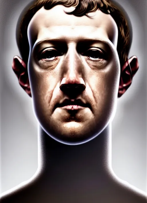 Image similar to mark zuckerberg as male android!!!, pale, lifeless, dead eyes, portrait, intricate, elegant, highly detailed, digital painting, artstation, concept art, wallpaper, smooth, sharp focus, illustration, art by h. r. giger and artgerm and greg rutkowski and alphonse mucha