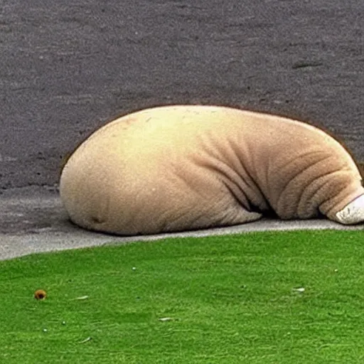 Prompt: cctv footage of a walrus sleeping on a golf course,