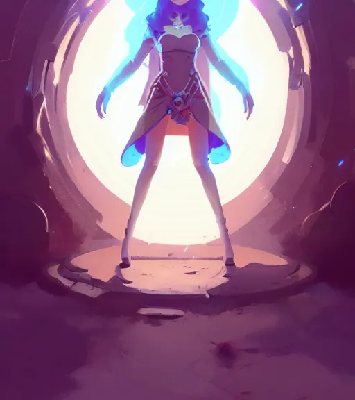 Image similar to a full body portrait of a female mage, d & d, fantasy, standing near a portal by atey ghailan, by greg rutkowski, by greg tocchini, by james gilleard, by joe fenton, by kaethe butcher, dynamic lighting, gradient light blue, brown, blonde cream and white color scheme, grunge aesthetic