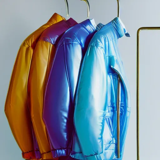 Image similar to an ultra high definition professional studio quality photograph of a transparent iridescent perspex pastel coloured puffa - jacket on a white coat hook in an empty white room. dramatic lighting, ray tracing, refraction, shallow d. o. f, colour corrected, golden ratio, three point light. light rays.