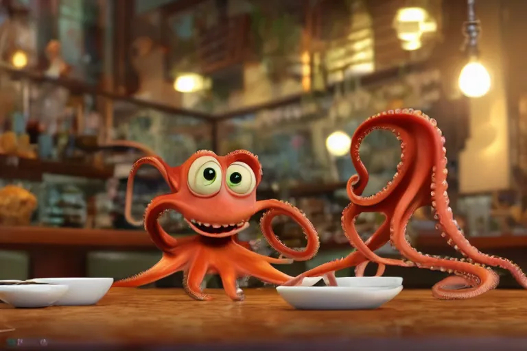 Image similar to Angry little octopus threaten with a fist when crawling out from a cup of coffee in beautiful morning café in Paris. Pixar Disney 4K 3d render funny animation movie Oscar winning trending on ArtStation and Behance. Ratatouille style