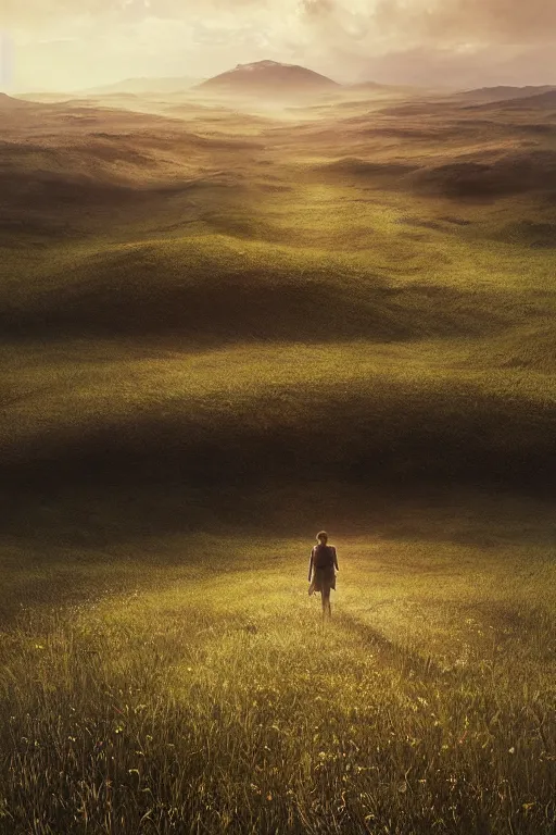 Image similar to An endless meadow with a giant walking in the far distance by Greg Rutkowski, Sung Choi, Mitchell Mohrhauser, Maciej Kuciara, Johnson Ting, Maxim Verehin, Peter Konig, final fantasy , 8k photorealistic, cinematic lighting, HD, high details, atmospheric,