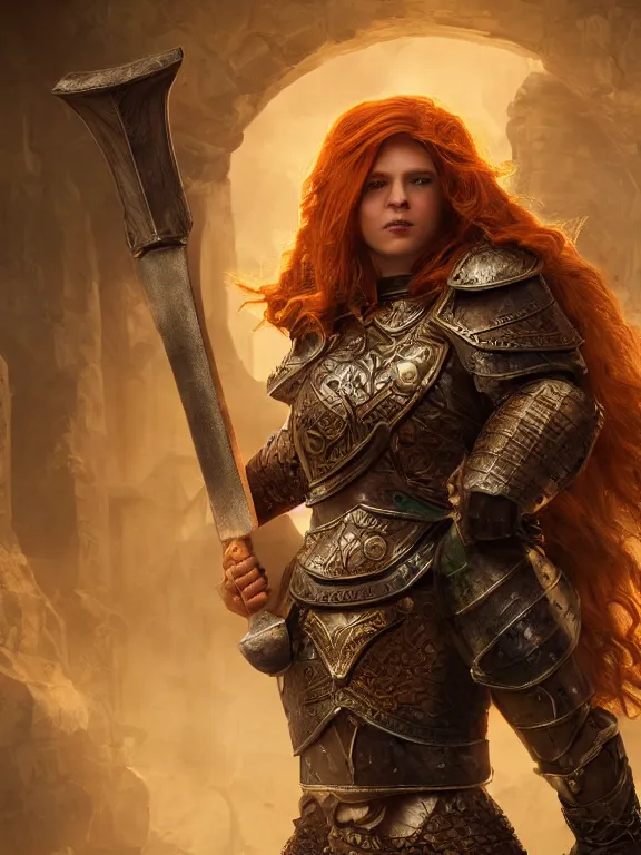 Image similar to dwarven woman, ginger hair, green eyes, holding hammer and shield with plate armour ultra realistic , lens flare, atmosphere, glow, detailed,intricate, full of colour, cinematic lighting, trending on artstation, 4k, hyperrealistic, focused, extreme details,unreal engine 5, cinematic, masterpiece