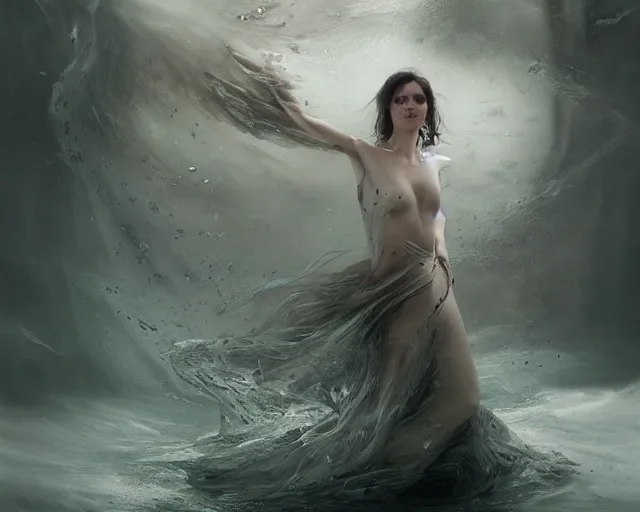 Prompt: olivia swirling into a water sprout that turns into a dress, 3 d animation, black hair, freckles, pale skin, photo by greg rutkowski, female beauty, intricate detail, elegance, sharp shapes, soft lighting, masterpiece