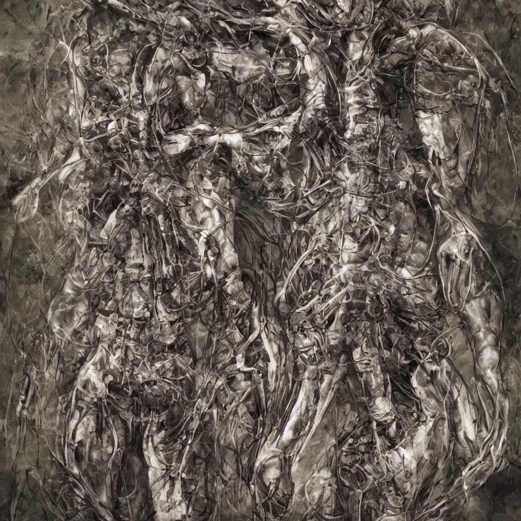Image similar to realistic shot bloody bones, organs and flesh, biomechanical technology, natural light, by h r giger