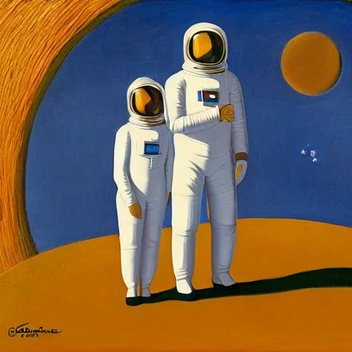 Image similar to astronaut couple by Grant Wood