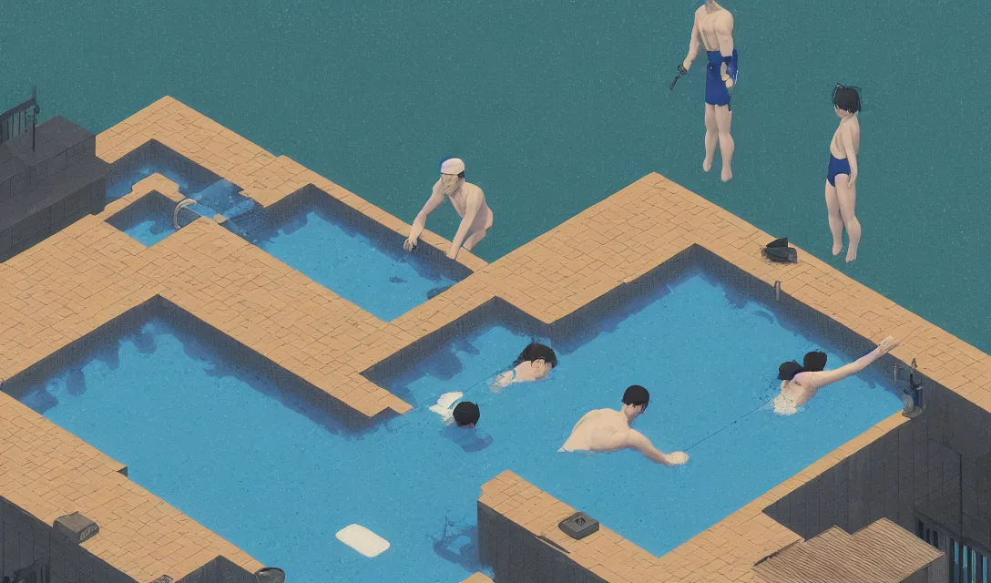 Image similar to Water plunge pool, using weighted vests, I watch the others go down, I don't want to do it myself, flat design, screen print by Kawase Hasui and dan hillier, 8k unreal engine