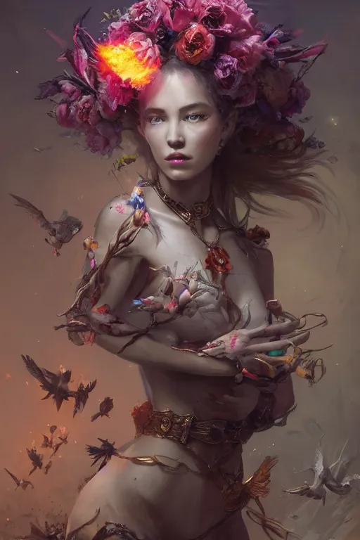 Prompt: beautiful girl necromancer, witch - doctor exploding into flowers, angels, 3 d render, hyper - realistic detailed portrait, ornaments in background, holding electricity and birds, ruan jia, wlop. scifi, fantasy, hyper detailed, octane render, concept art, peter mohrbacher