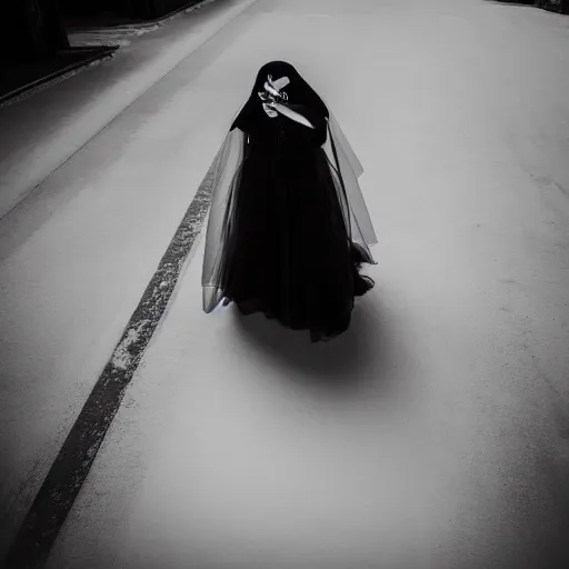 Prompt: ghost girl blindfolded in black wedding dress, hyper-realistic shot from a horror film with a very low angle of view, Leica SL2 30mm, beautiful color, high quality, high texture