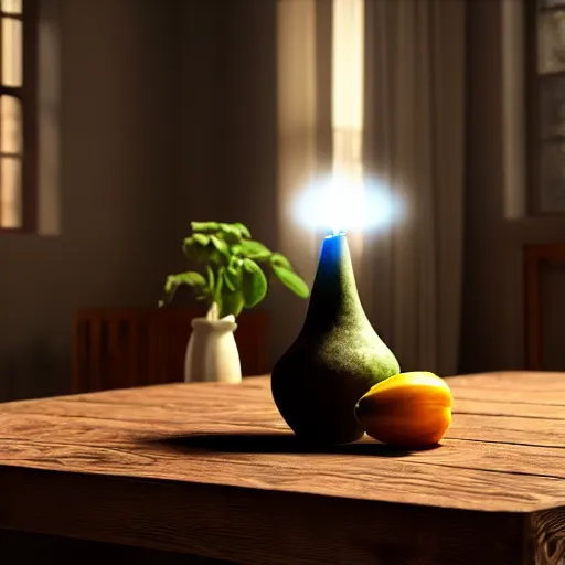 Image similar to a large vase sitting on top of a wooden table, medieval concept art, cinematic lightning and colors, featured on cg society, photorealism, vray tracing, rendered in unreal engine, photorealistic, vegetables on table and candle, dark lightning, contrast shadows