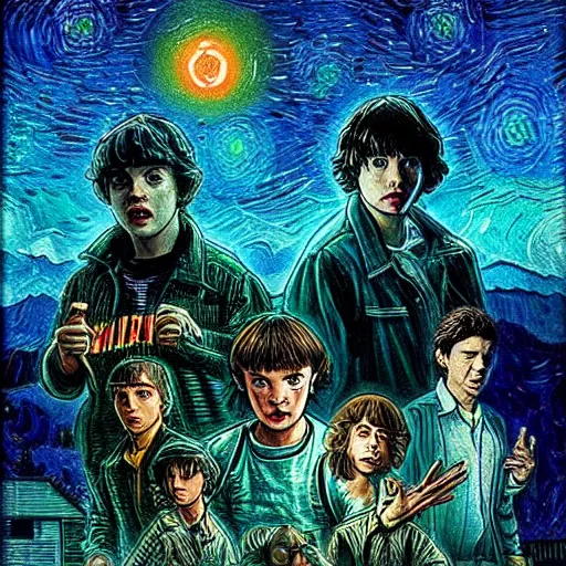 Prompt: stranger things in the style of van gogh