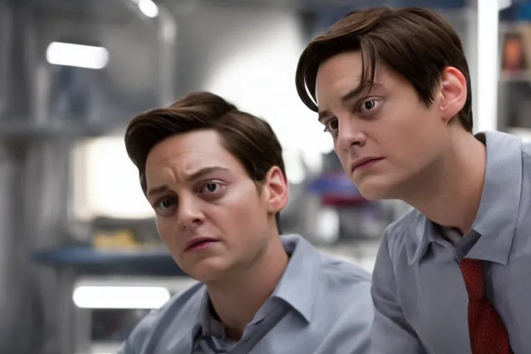 Image similar to Marvel Raimiverse Peter Parker played by Tobey Maguire working at a laboratory ultra realistic, 4K, movie still, UHD, sharp, detailed, cinematic