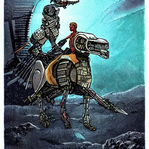 Prompt: a cybernetic knight holding a lance, riding a cyborg raptor, on the moon, sci fi, retro, illustrated by Richard Powers