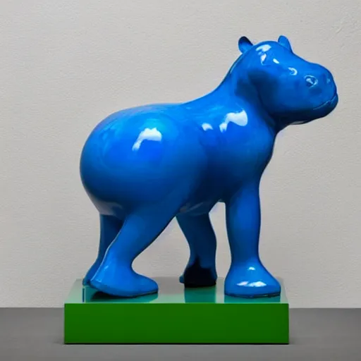 Image similar to a sophie taeuber - arp baby hippopotamus sculpture, by jeff koons, wood, blue epoxy translucent, cubic carved mix