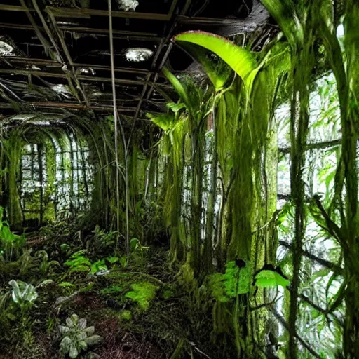 Prompt: abandoned, overgrown, underground bunker, room with mutated carnivorous plants, beautiful, underground