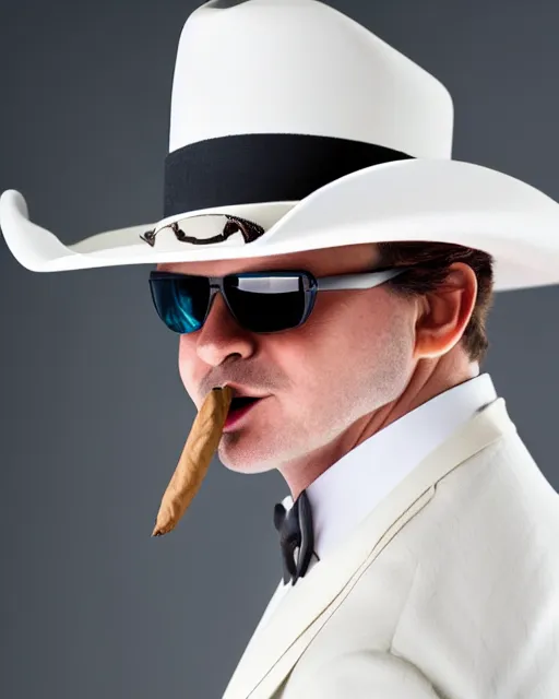 Prompt: close up photo of a fox wearing a white tuxedo, white cowboy hat, and aviator sunglasses, holding a cigar, highly detailed photograph, smooth, global illumination, 8 5 mm f / 1. 4