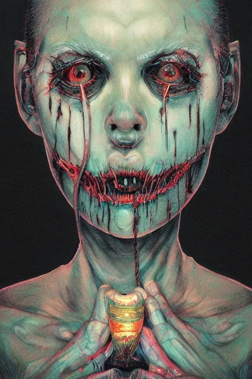 Image similar to crayon cartoon grunge portrait of a creepy horror nurse girl . intricate abstract. intricate artwork. nightmare fuel. terrifying. by zdzisław Beksiński, wlop, dan mumford , trending on artstation, greg rutkowski very coherent symmetrical artwork. cinematic, hyper realism, high detail, octane render, 8k