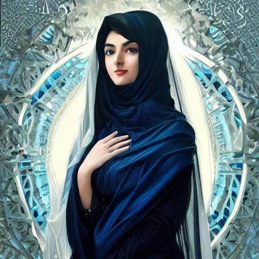 Prompt: modern Ameera al-Taweel, bright blue eyes, wavy black hair, white veil, highly detailed, digital painting, artstation, concept art, smooth, sharp focus, illustration, ArtStation, art by artgerm and greg rutkowski and alphonse mucha and J. C. Leyendecker and Edmund Blair Leighton and Katsuhiro Otomo and Geof Darrow and Phil hale and Ashley wood and Ilya repin and Charlie Bowater