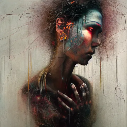 Image similar to cyberpunk dreaming by eugene von bruenchenhein, peter lindbergh, sam spratt, michael page, alyssa monks, julie heffernan, glenn brown, naoto hattori, brian froud, nicola samori, paolo roversi, kilart, 8 k, hyper detailed, hyper realism, acrylic paint, surrealism, smooth, sharp focus