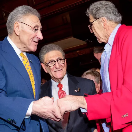 Prompt: Chuck Schumer as a magician pulling Joe Manchin out of a hat