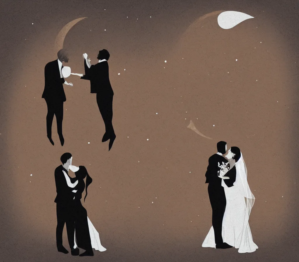Image similar to digital art drawing of a couple dancing on a crescent moon during their wedding ceremony, soft lighting, neutral colours, lots of details
