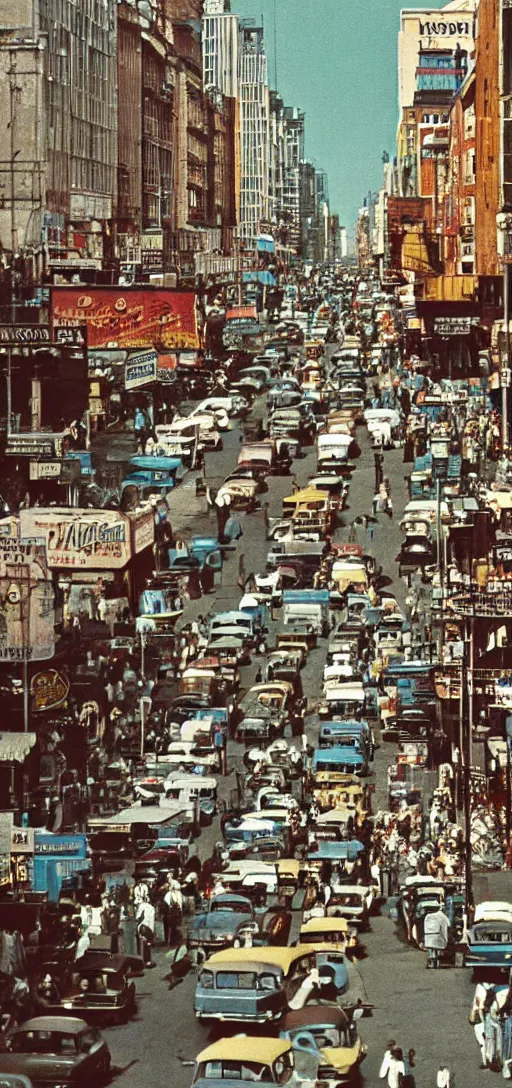 Prompt: 1 9 6 0 s bustling city street, colorized, wallpaper