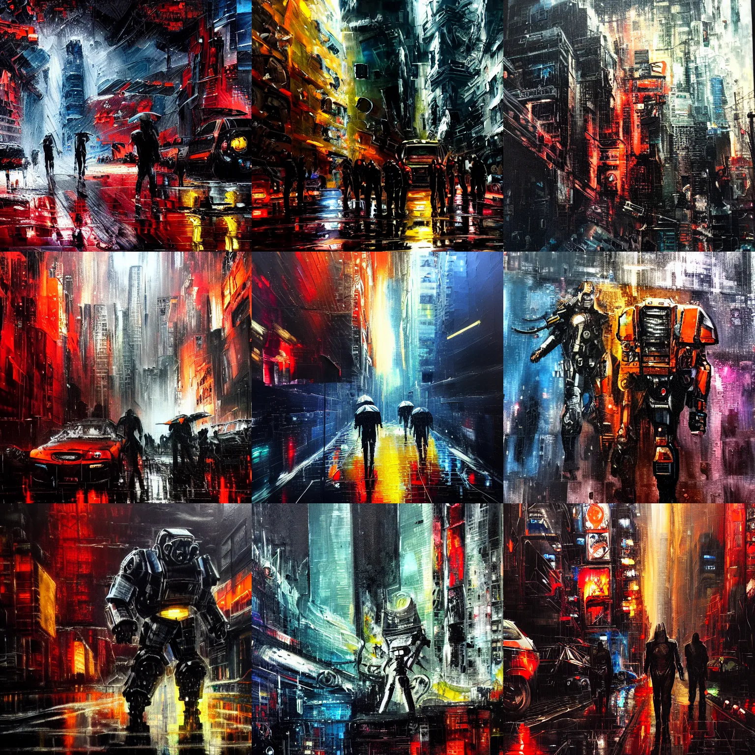 Prompt: old mech warriors. new york after midnight, rain. epic futuristic scene. strong personalities and characters. tired, beaten tech. neo noir style, rain, oil, blood everywhere, dramatic high contrast lighting. high action! acrylic painting, layered impasto, heavy gesture style. closeup.