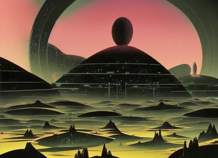 Prompt: ground view of a utopia future city. style by peter elson and eyvind earle.