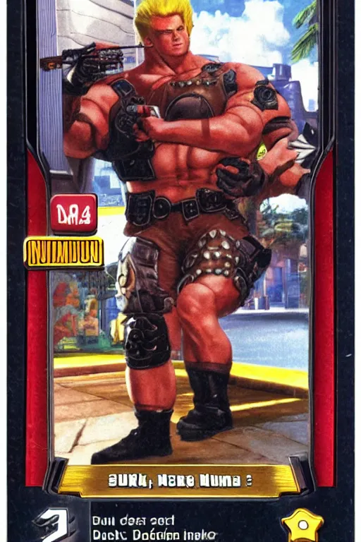 Image similar to Duke Nukem, Pokemon card of Duke Nukem, highly detailed trading card screenshot