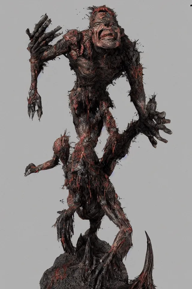 Prompt: cave troll stained with soot and rust, with long claws on the hands and a small insect head, hyperrealistic, octane render, HDR, photorealistic