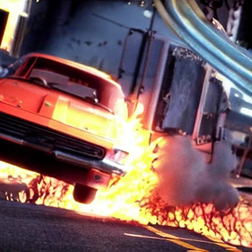 Image similar to an old car jumping over a fire, in game screenshot from need for speed ( 1 9 9 6 )