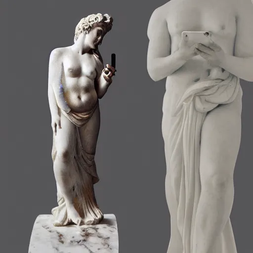 Image similar to greek marble statue of a woman on her phone