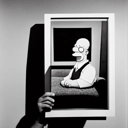 Image similar to portrait of Homer Simpson by Diane Arbus, 50mm, black and white