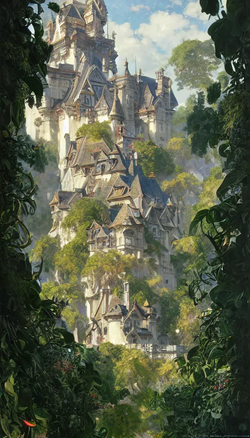 Image similar to castle seen from the sky, cyberpunk, design on white background, beautiful details, lush foliage, drawn by john singer sargent, tom bagshaw, norman rockwell, alphonso mucha, lolish, trending on artstation