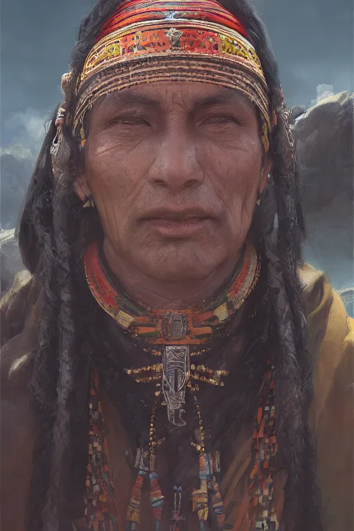 Image similar to aztec priest, close - up portrait, devoted, intricate, elegant, volumetric lighting, scenery, digital painting, highly detailed, artstation, sharp focus, illustration, concept art, ruan jia, steve mccurry