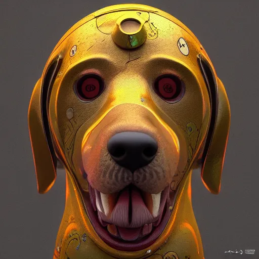 Prompt: A happy dog deity smiling, Escher, Klimt, Davinci, psychedelic,scifi, trending on artstation, detailed, octane render, 8k render, natural lighting