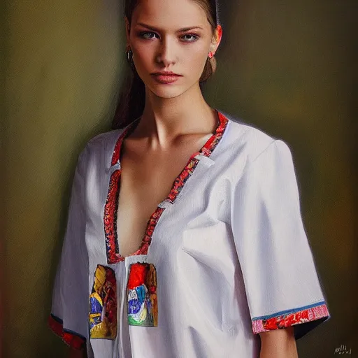 Prompt: hyperrealism oil painting of ukrainian model in vyshyvanka shirt