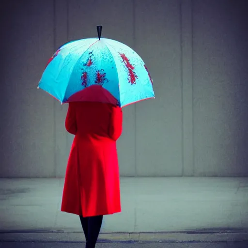 Prompt: woman with red coat and cyan umbrella