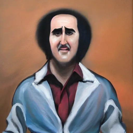 Prompt: a sad oil painting of Andy Kaufman alone if stage