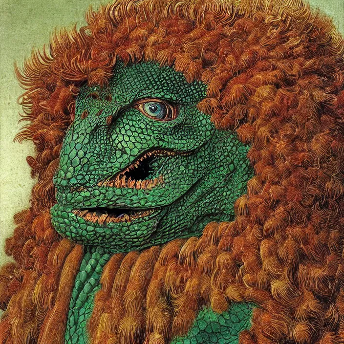 Image similar to close up portrait of an mutant monster creature with proud, reptilian allure, iridescent scales, dovish feathers, diaphanous fungic protuberances. jan van eyck, audubon